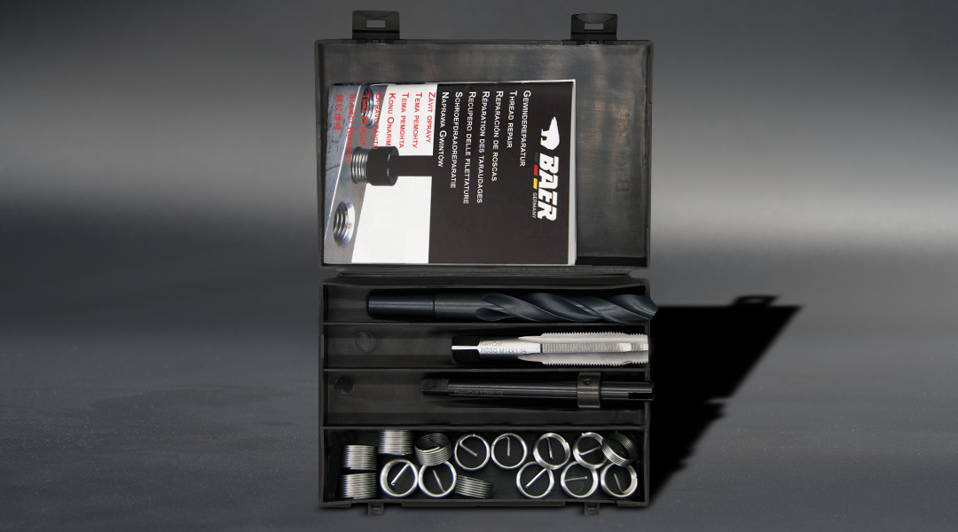 Spark plug thread repair kit from BaerCoil in plastic box